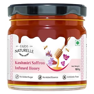 farm naturelle  kesar saffron infused honey 180 g  forest honey with natural saffron  glass jar  for daily use