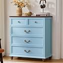 Joaxswe Farmhouse 5 Drawer Dresser for Bedroom, 35" Tall Rustic Chests of Drawers w/ 4 Solid Wood Feet, Mid Century Modern Wooden Closet Storage Dressers Organizer for Living Room, Hallway,Light Blue