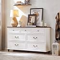 Joaxswe Farmhouse 7 Drawers Dresser for Bedroom, White 54 Inch Wide Chest of Drawers w/ 4 Wooden Legs, Large Vintage Rustic Closet Dressers for Living Room, Wood TV Stand with Storage Organizer