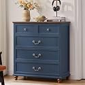 Joaxswe Farmhouse 5 Drawer Dresser for Bedroom, 35" Tall Rustic Chests of Drawers w/ 4 Solid Wood Feet, Mid Century Modern Wooden Closet Storage Dressers Organizer for Living Room, Hallway,Blue