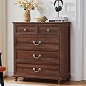 Joaxswe Farmhouse 5 Drawer Dresser for Bedroom, 35" Tall Rustic Chests of Drawers w/ 4 Solid Wood Feet, Mid Century Modern Wooden Closet Storage Dressers Organizer for Living Room, Hallway,Brown