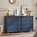 Joaxswe Farmhouse 5 Drawer Dresser Set of 2 for Bedroom, 35" Tall Rustic Chests of Drawers w/ 4 Solid Wood Feet, Mid Century Vintage Wooden Closet Storage Dressers Organizer for Living Room, Blue