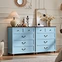 Joaxswe Farmhouse 5 Drawer Dresser Set of 2 for Bedroom, 35" Tall Rustic Chests of Drawers w/ 4 Solid Wood Feet, Mid Century Vintage Wooden Closet Storage Dressers Organizer for Living Room,Light Blue