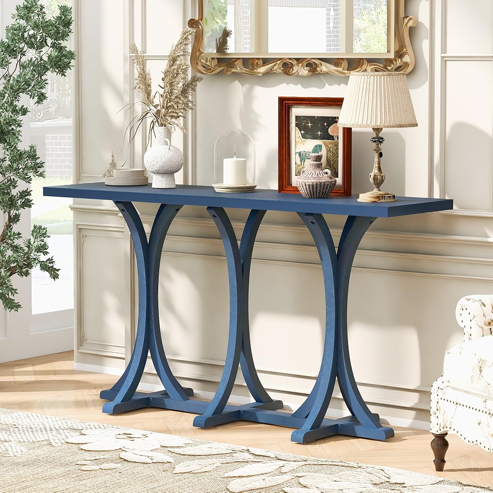 Farmhouse 59.8 inch Console Table, Premium Oak Veneer Top, Rubberwood ...