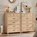 Joaxswe Farmhouse 6 Drawer Dresser Set of 2 for Bedroom, 42" Tall Rustic Chests of Drawers w/ 4 Solid Wood Feet, Mid Century Vintage Wooden Closet Storage Dressers Organizer for Living Room,Natural
