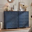 Joaxswe Farmhouse 6 Drawer Dresser Set of 2 for Bedroom, 42" Tall Rustic Chests of Drawers w/ 4 Solid Wood Feet, Mid Century Vintage Wooden Closet Storage Dressers Organizer for Living Room,Blue