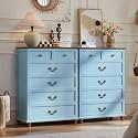 Joaxswe Farmhouse 6 Drawer Dresser Set of 2 for Bedroom, 42" Tall Rustic Chests of Drawers w/ 4 Solid Wood Feet, Mid Century Vintage Wooden Closet Storage Dressers Organizer for Living Room,Light Blue