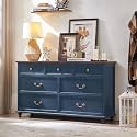Joaxswe Farmhouse 7 Drawers Dresser for Bedroom, Navy Blue 54 Inch Wide Chest of Drawers w/ 4 Wooden Legs, Vintage Rustic Closet Dressers for Living Room, Large Wood TV Stand with Storage Organizer
