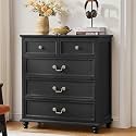 Joaxswe Farmhouse 5 Drawer Dresser for Bedroom, 35" Tall Rustic Chests of Drawers w/ 4 Solid Wood Feet, Mid Century Modern Wooden Closet Storage Dressers Organizer for Living Room, Hallway,Black