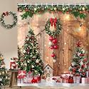 Farmhouse Christmas Shower Curtain for Bathroom, Winter Xmas Tree Home Decor Wooden Barn Door Fabric Bath Curtains, Country Vintage Snowflake, 72x84in
