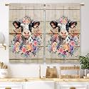 Farmhouse Cute Highland Cow Kitchen Curtains Wooden Flower Bull Farm Country Small Short Cafe Curtains Animal Rod Pocket Bathroom Window Drapes Treatment Tier Curtains 2 Panels (27.5x39 Inch)