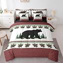 Farmhouse Decor Rustic Grizzly Bear Comforter Set 7 Piece Bed in a Bag Twin, Red Checkered Buffalo Plaid Bedding Sets Woodland WildlifeComforter and Sheet Set, Pine Trees Pinecone Room Decor