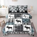 Farmhouse Decor Rustic Moose 7 Piece Comforter Set Full Bed in a Bag, Deer Hunter Bedding Sets Woodland Animals Wildlife Comforter and Sheet Set, Patchwork Teal Blue Checkered Plaid Room Decor