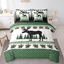 Farmhouse Decor Rustic Moose Deer Bed in a Bag King Size Comforter Set 7 Pieces, Green Checkered Buffalo Plaid Bedding Sets Woodland WildlifeComforter and Sheet Set, Pine Trees Pinecone Room Decor