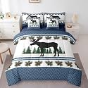 Farmhouse Decor Rustic Moose Deer King Size Comforter Set with Sheets, Blue Checkered Buffalo Plaid 7 Piece Bedding Set Woodland WildlifeBed in a Bag, Pine Trees Pinecone Patchwork Bed Sets