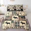 Farmhouse Decor Rustic Moose Full Size Bed Sheets and Comforter Set, Deer Hunter 7 Piece Bedding Set Woodland Animals Wildlife Bed in a Bag, Patchwork Brown Green Checkered Buffalo Plaid Bed Sets