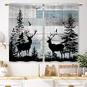 Farmhouse Forest Cabin Kitchen Curtains Rustic Blue Wooden Small Short Cafe Window Curtains Tree Country Deer Rod Pocket Bathroom Window Drapes Treatment Tier Curtains 2 Panels (27.5x39 Inch)