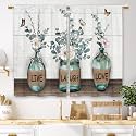Farmhouse Leaf Kitchen Curtains Rustic Green Eucalyptus Small Short Cafe Window Curtains Plant Floral Bottle Rod Pocket Bathroom Window Drapes Treatment Tier Curtains 2 Panels (27.5x39 Inch)