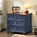 Joaxswe Farmhouse Nightstand with Charging Station, 24" Wide End Table with 3 Drawers,Blue Wood Dresser for Bedroom, Bed Side Table Chest of Drawers Cabinet,Night Stand for Living Room, Closet