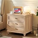 Joaxswe Farmhouse Nightstand with Charging Station, 24" Wide End Table with 3 Drawers,Natural Wood Dresser for Bedroom, Bed Side Table Chest of Drawers Cabinet,Night Stand for Living Room, Closet