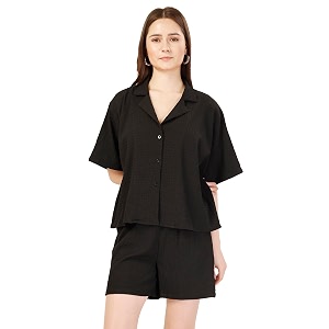 Fashfun Womens Coord-Set Solid Orange Crepe Collar
