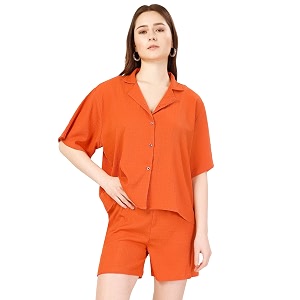Fashfun Womens Coord-Set Solid Orange Crepe Collar