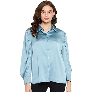 Fashfun Womens Shirt Solid Blue Satin Collared
