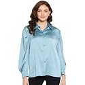 Fashfun Women39s Shirt Solid Blue Satin Collared