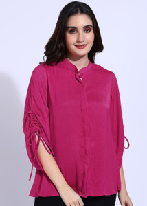 fashfun women regular fit solid mandarin collar casual shirt
