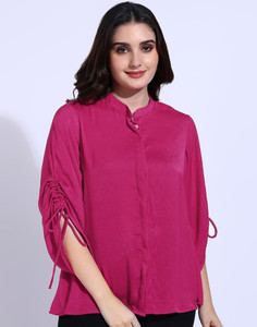 fashfun women regular fit solid mandarin collar casual shirt