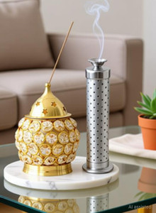 fashion bizz combo set of crystal and agarbatti standincense holder brass steel pack of 2 table diya set