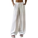 Fashion Booms Women's High Waist Loose Casual Lounge Pants | Wide Leg, Baggy Fit, Lightweight Cotton Trousers with Pockets, Ideal for Travel, Streetwear &amp; Summer