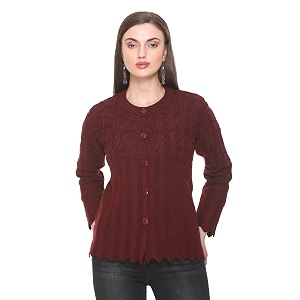 women39s woollen round neck floral embroidered self design fullsleeve winter wear buttoned cardigan type - women39s sweater size - medium large x-large l maroon