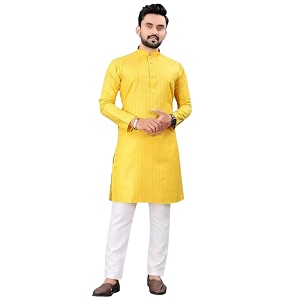 FASHION GALLERY Mens Solid Pattern Polycotton Kurta