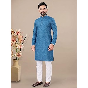 FASHION GALLERY Mens Solid Pattern Polycotton Kurta