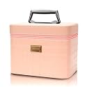 Fashion makeup box, Portable leather hard cosmetic case with mirror, Professional train case make up box for women adults. (Pink)