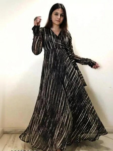 fashion2wear printed georgette stitched anarkali gown black