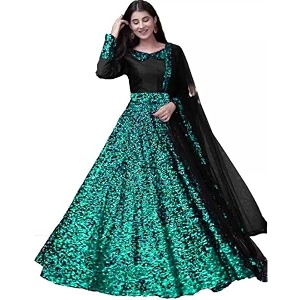 women39s embellished sequence velvet ethnic wear semi-stitched lehenga choli with dupatta set n-55473_darkgreen