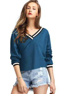 fashmind striped women v neck blue t-shirt
