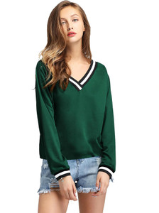 fashmind striped women v neck green t-shirt