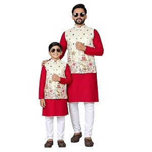 father amp son matching printed koti kurta set