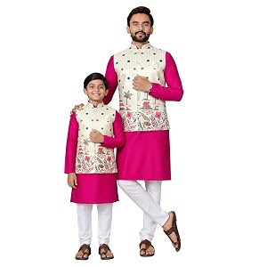 father amp son matching printed koti kurta set