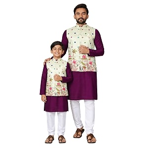 father amp son matching printed koti kurta set