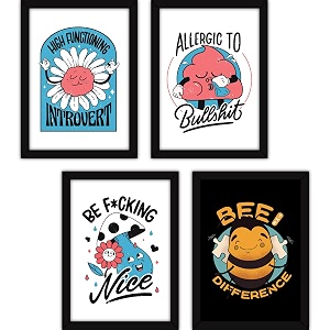 fatmug framed funny posters wall paintings for home and office decor with glass a4 - set of 4 multicolor