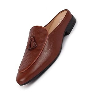 FAUSTO Mens Back Open Tassle Leather Slip