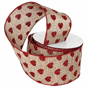 faux burlap valentine hearts ribbon - 2 1234 x 10 yards metallic red glitter hearts on natural wire edged ribbon valentines day v-day wreath gift wrap i love you gift bow christmas