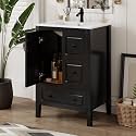 Favfurish 24" Small Bathroom Vanity with Ceramic Sink Combo,Undermount Single Basin Bath Cabinet Set w/Soft-Close Door and 3 Drawers,Retro Freestanding Storage for Apartments/Powder Rooms
