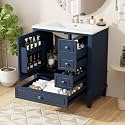 Favfurish 30" Modern Bathroom Vanity with Ceramic Sink Combo, Undermount Single Basin Bath Vanity Set w/1 Soft-Close Door and 3 Drawers, Solid Wood Frame Freestanding Storage Cabinet, Blue
