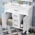 Favfurish 36" Bathroom Vanity with Ceramic Sink, Undermount Single Basin Bath Vanity Set w/2 Soft-Close Doors &amp; Flip-Out Drawer, Modern Solid Wood Frame Freestanding Cabinet w/Golden Handles, White