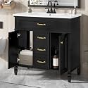 Favfurish 36" Bathroom Vanity with Ceramic Sink, Undermount Single Basin Bath Vanity Set w/2 Soft-Close Doors &amp; Flip-Out Drawer, Modern Solid Wood Frame Freestanding Cabinet w/Golden Handles, Black